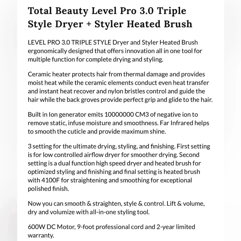 Triple Style Heated Brush 3 in 1 Styler + Dryer NEW and SEALED. - Picture 9 of 9